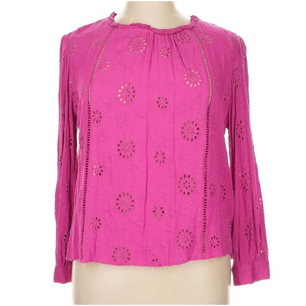 NWT Artelier Nicole Miller HOT PINK EYELET TOP w/TINY RUFFLE NECK Peasant Boho L